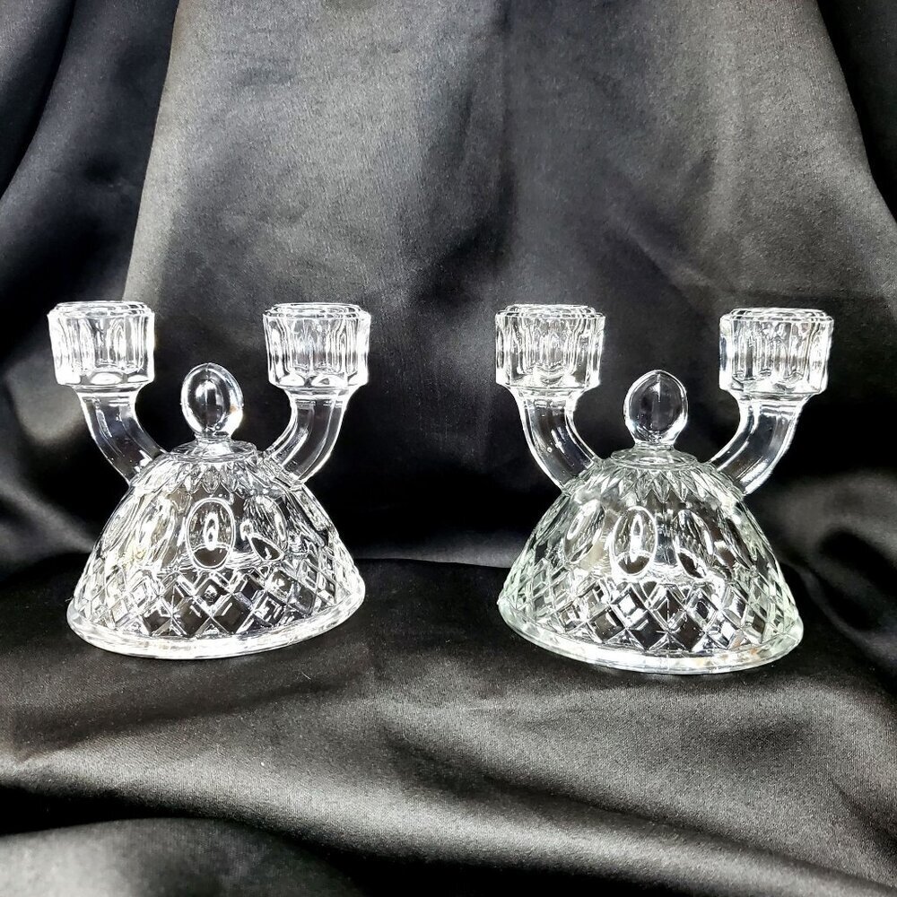 VTG 2 Imperial Glass Diamond Thumbprint Double Candlestick Taper Candle Holders